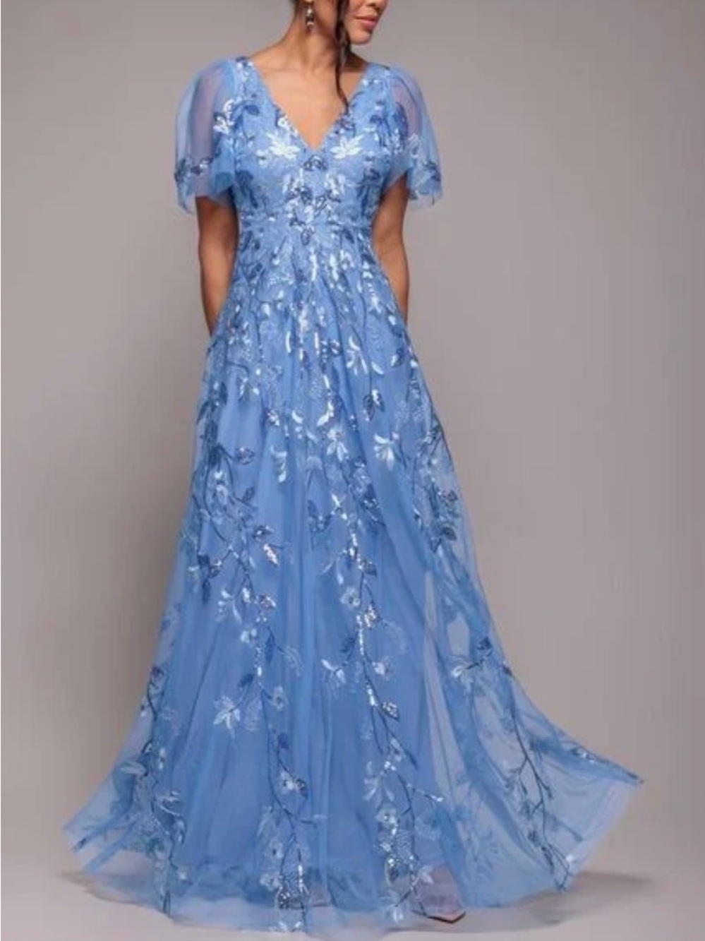 NWT GODDIVA FLARED SLEEVE EMBROIDERED MAXI DRESS - CORNFLOWER BLUE - DR3279A